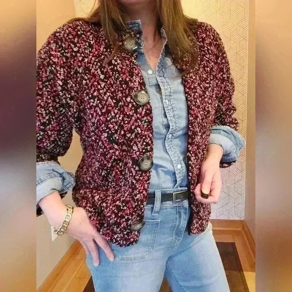 Jones New York Pink, Black, and Gray Bouclé Wool Blend Cardigan, Size Med - Picture 2 of 5